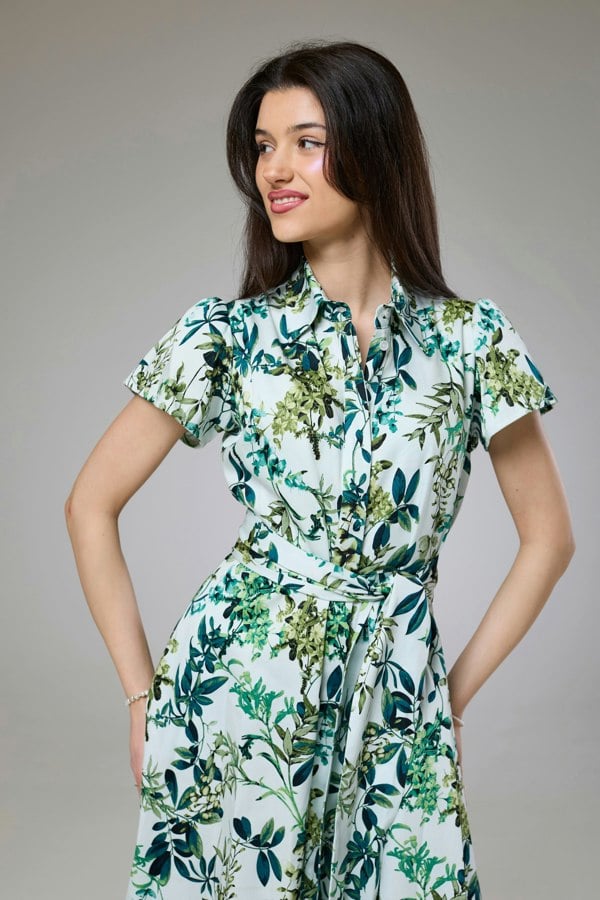 Isha's Timeless collection Flourish Green Flora Short Sleeve Shirt Dress