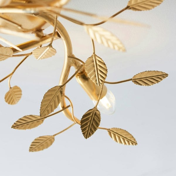 Gold Leaf Flush Ceiling Light - 3 Bulb Decorative Fitting - Low Profile Lighting