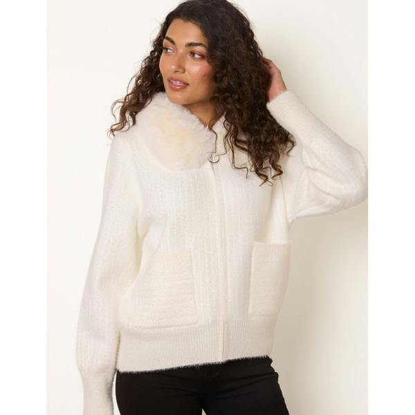 Blue Vanilla Ribbed Cardigan With Faux Fur Collar
