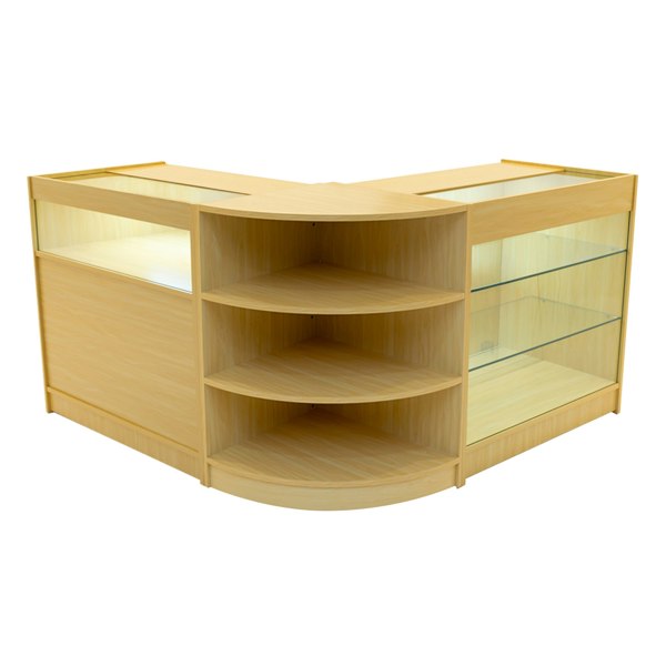 Demeter LED Shop Counter Set K900, B900 & LM60 in maple wood finish, featuring curved edges, glass shelves, and modern design