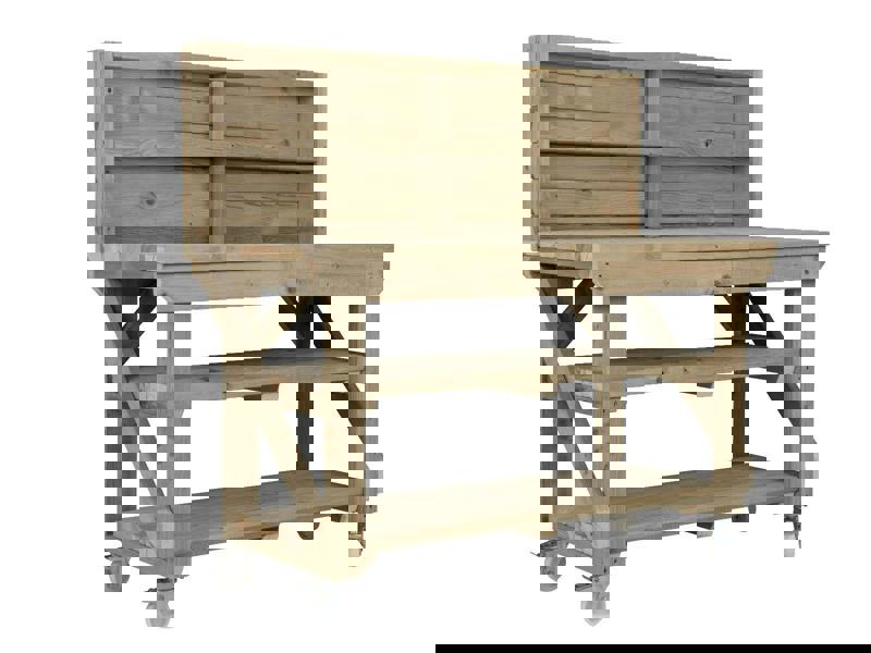 Indoor/Outdoor Pressure-Treated Double Shelf with back panel and wheels Workbench, a robust and versatile solution for all your workspace needs. Handcrafted in the UK, this workbench is constructed from high-quality, pressure-treated timber, ensuring durability and resistance to the elements, making it suitable for both indoor and outdoor use.