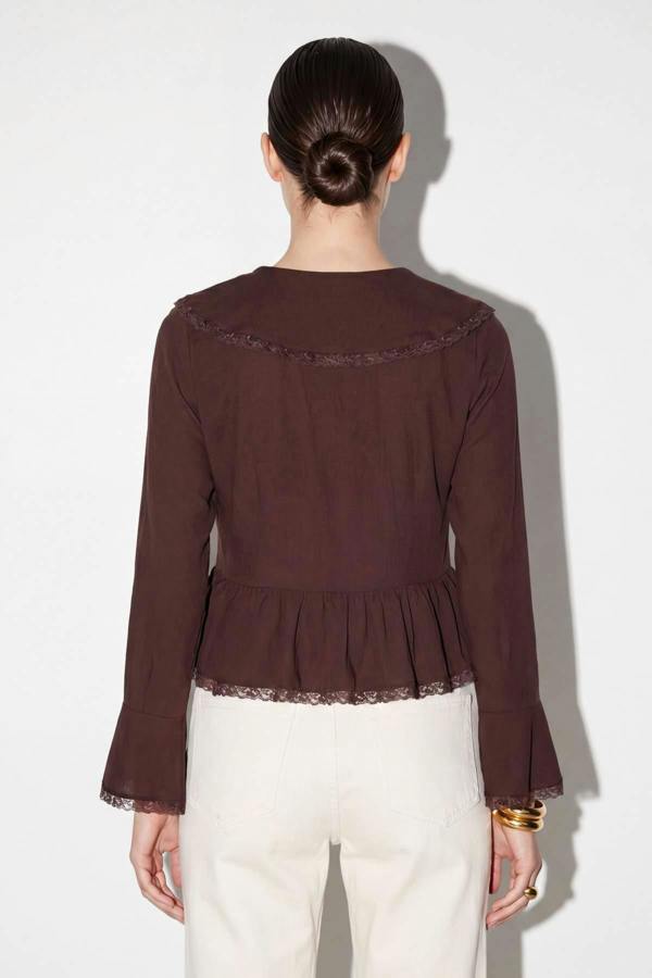 WOVCOR V Neck Long Sleeve Tie Front Lace Detail Blouse