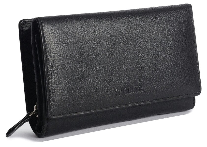 SADDLER PAULA Handmade Leather Trifold Purse – RFID Protected | 8 Card Slots, ID Window & Rear Zip Pocket | Gift Boxed - Black