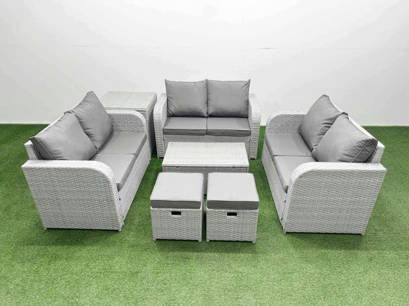 Fimous  7 Seater PE Wicker Rattan Furniture Sofa Sets with Rectangular Coffee Table 2 Seater Love Sofa Big Footstool 2 Side Table Light Grey
