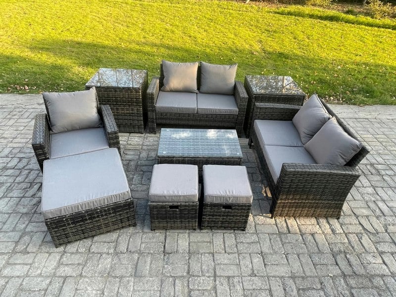 Fimous 8 Seater Dark Grey Mixed Rattan Outdoor Lounge Set - Rectangular Coffee Table, 3 Footstools & 2 Side Tables