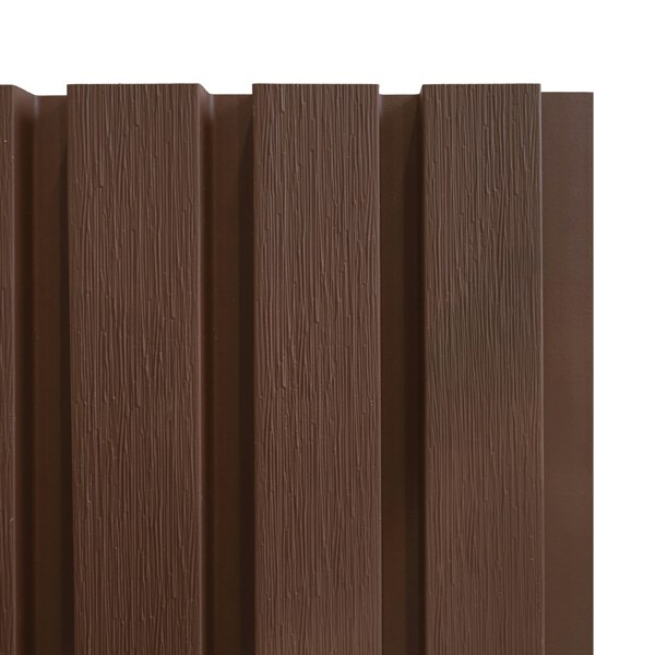 WPC slatted wall cladding panels in rich brown, featuring a textured wood grain finish and sleek vertical slats for modern decor