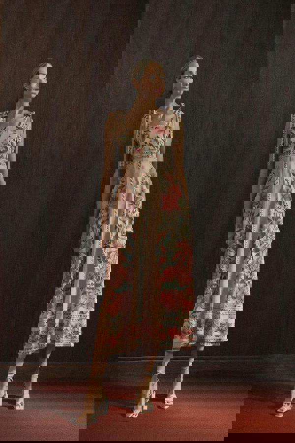 Beige | Floral Border Print Tie Strap Midi Dress : Model is 5'10"/178 cm and wears UK10/EU38/US6/AUS10