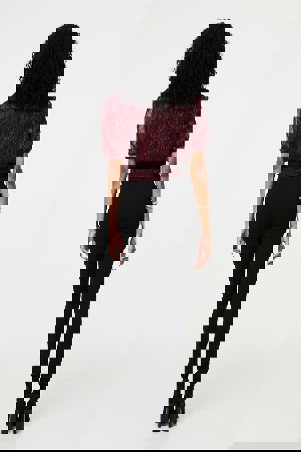 Pink | Glitter Mesh Ruched Semi Sheer Crop Top
