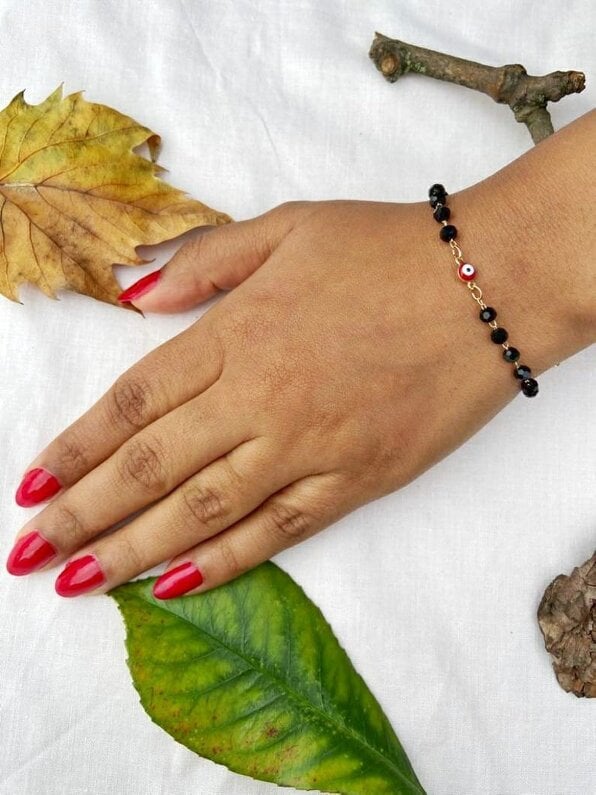 The Colourful Aura Gold Plated Evil Eye Charm Mangalsutra Black Beaded Indian Nazar Bracelet - Red