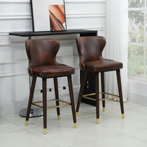 Wyld Haus Halotti Faux Leather Brown Bar Stools Set Of 2 With Back Support And Wooden Legs