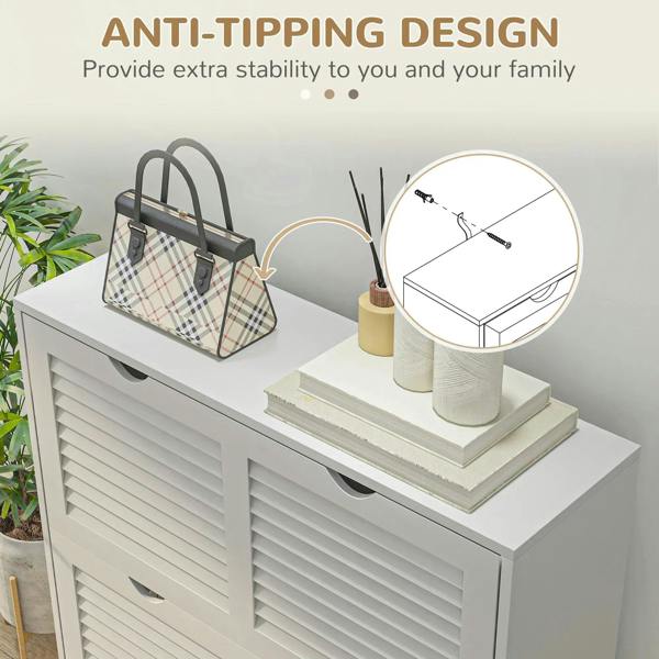 White shoe cabinet with louvered drawers and anti-tip style mounting hardware