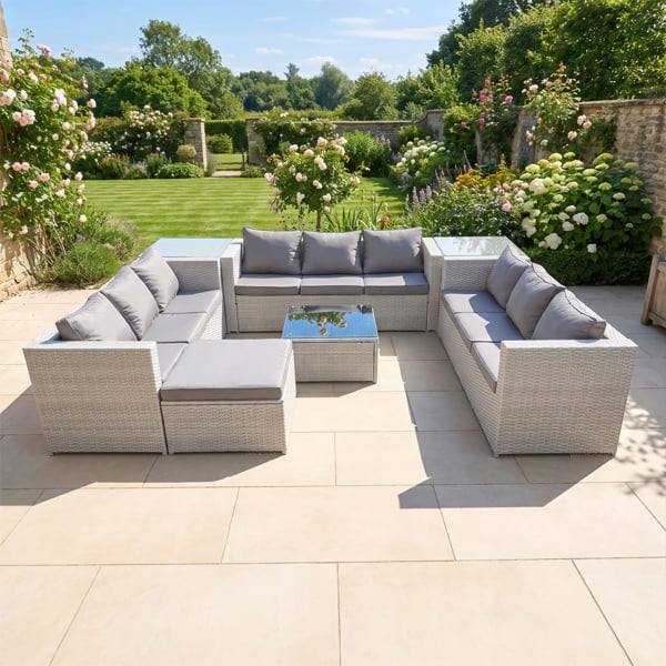 Fimous 10 Seater Rattan Garden Furniture Set with 3 Sofas, Coffee Table, Footstool, 2 Side Tables - Light Grey Mixed