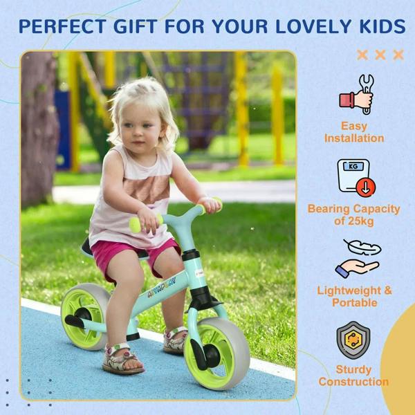 Child riding a light green balance bike with black seat and lime wheels outdoors