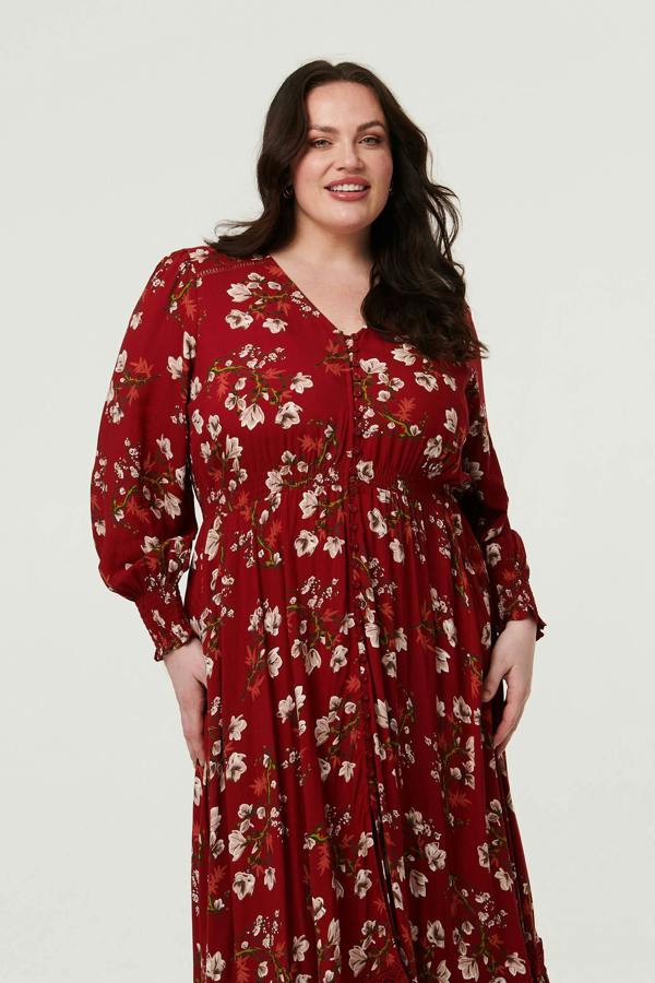 Izabel London Curve Floral Shirred V-Neck Maxi Dress
