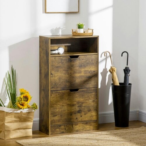 Wyld Haus Zilado Wooden Rustic Brown Slim Shoe Cabinet With 2 Flip Doors And Shelf