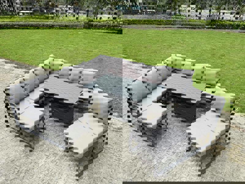 Fimous 9 Seater Aluminium Garden Furniture Set with Adjustable Rising Dining Table, 2 Footstools - Grey