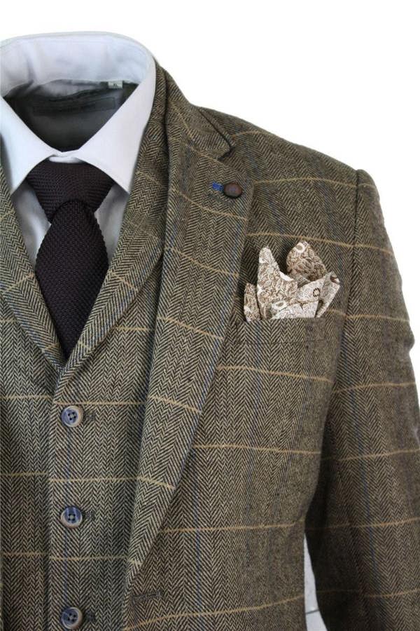 House of Cavani Mens 3 Piece Tan Brown Check Tweed Herringbone Vintage Classic Suit