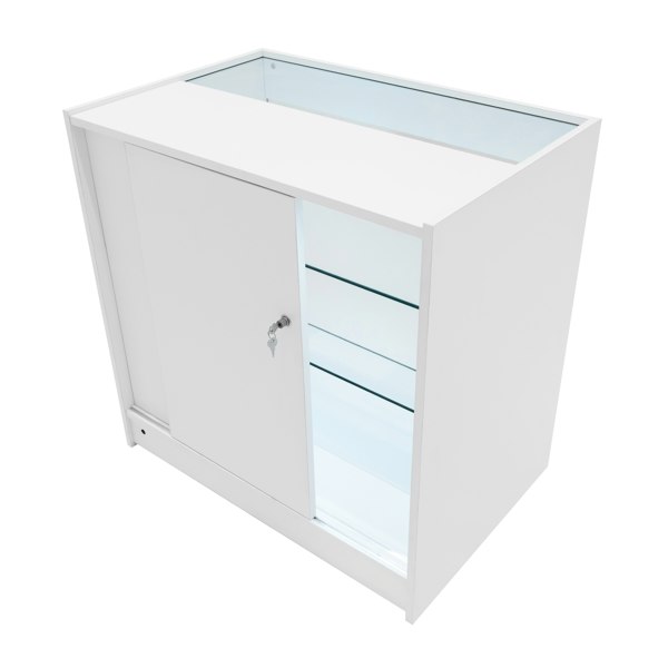 Sleek white LED retail shop counter K900 with glass shelves, a sliding door, and modern design for stylish product display