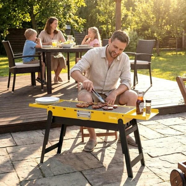 Bobobiy Portable BBQ Grill, Foldable Charcoal Grill for Camping and Picnics with 2 Side Shelves and Handle, Yellow