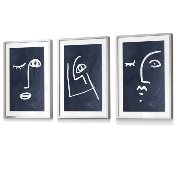 Artze Wall Art Set of 3 Framed Abstract Faces Navy Blue