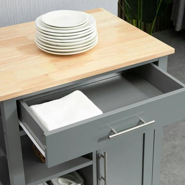 Grey kitchen trolley cart with pull-out storage drawer under the tabletop