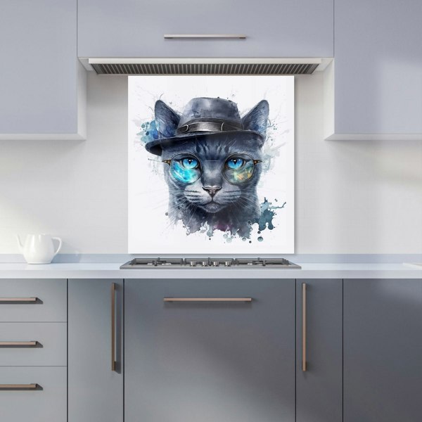 Warren Reed - Designer Russian Blue Cat With Glasses Splashart Kitchen Splashback