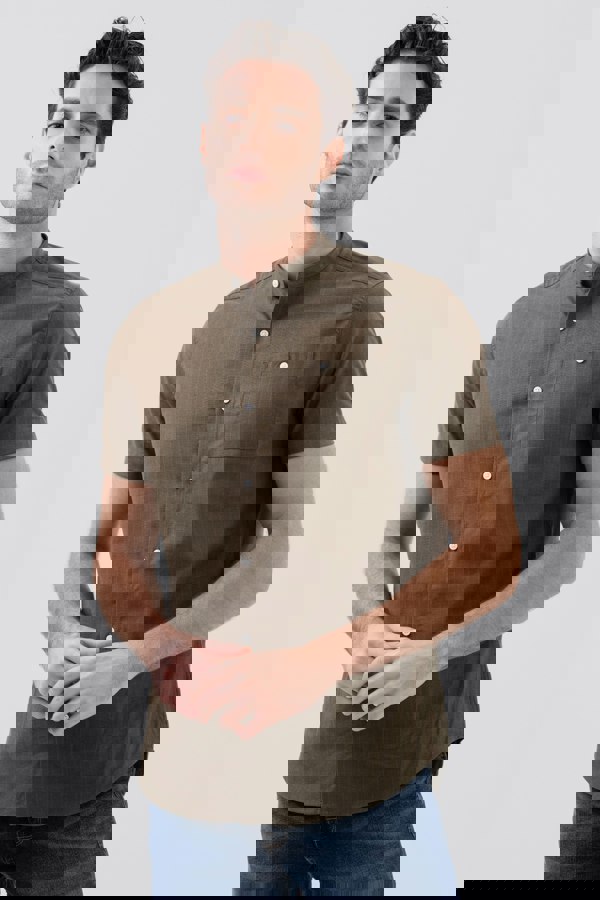 ENORSIA Men's Brown Grandad Collar Short Sleeve Shirt