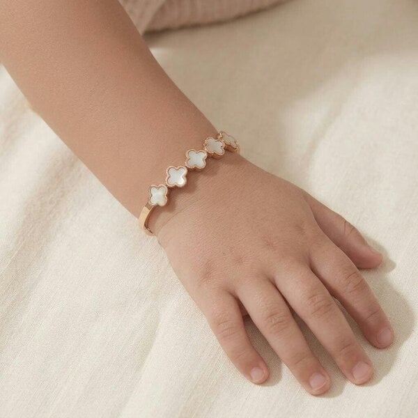 The Colourful Aura Kids Rose Gold White Clover Charm Non-Tarnish Bangle Bracelet