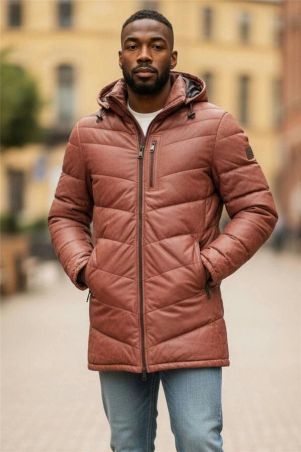 Infinity Leather Men's Leather Quilted Jacket Hooded Puffer Winter Coat - Olyic