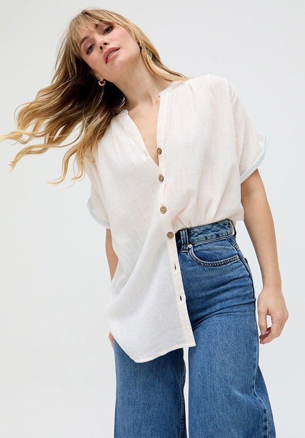 Raffya Juneeta Crop Sleeve Button Down Shirt - Cream