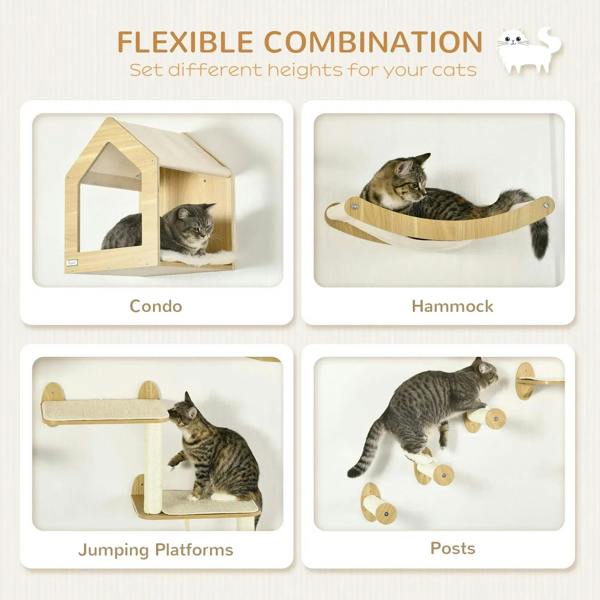 Beige wall cat tree accessories with cat house, hammock perch, platforms, and scratching posts