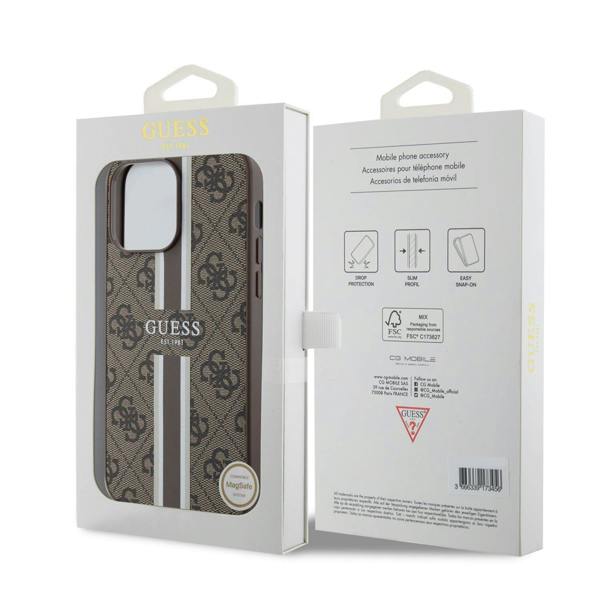 Guess Leather 4G Printed Stripes Hardcase with MagSafe for iphone 16 Pro Max 6.9" Brown - GUHMP16XP4RPSW