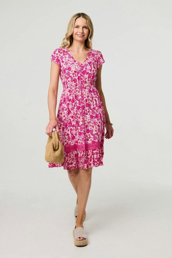 Pink | Floral Cap Sleeve Lace Trim Short Dress
