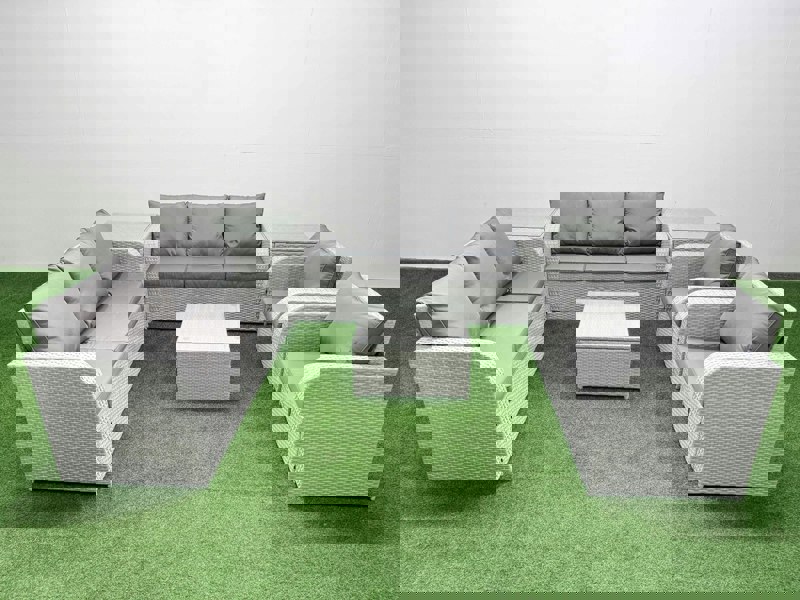 Fimous PE Rattan High Back Lounge Sofa Set Patio Square Coffee Table & Chairs Set with 3 Seater Sofa Reclining Chair 2 Side Table Light Grey