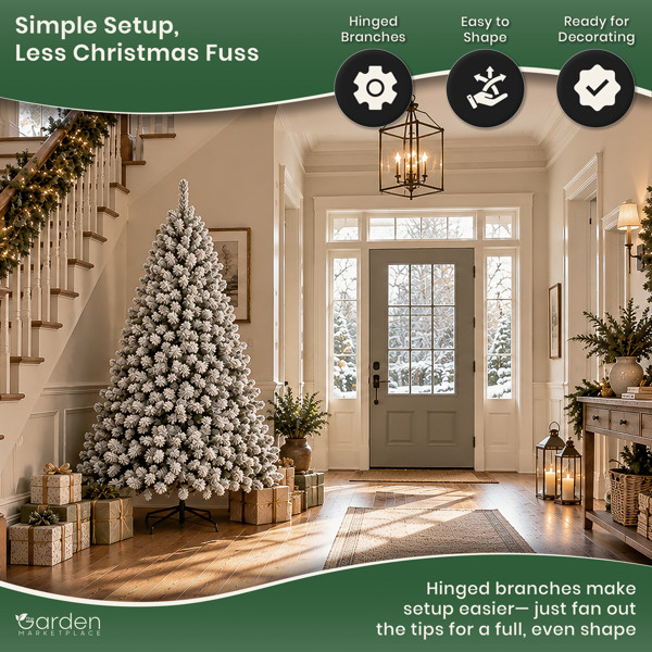 Flocked Woodcote Spruce Artificial Christmas Tree with Snow, 1.8m, 640 Tips, Hinged Branches, 106cm Wide, Metal Stand