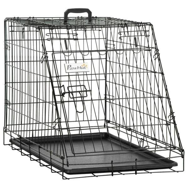 Black wire dog travel crate with top handle and removable dark tray, open front