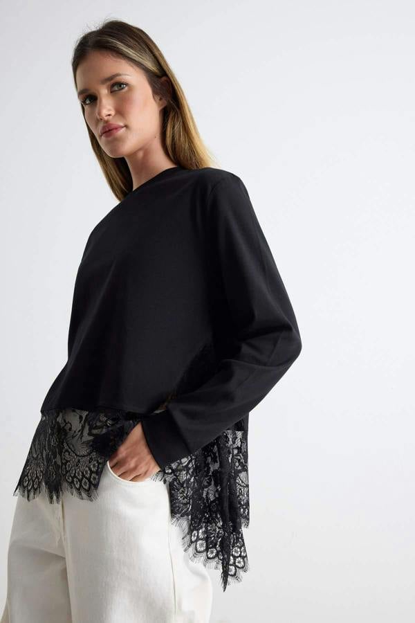 Lace Detail Regular Fit Drop Shoulder Long Sleeve Sweatshirt