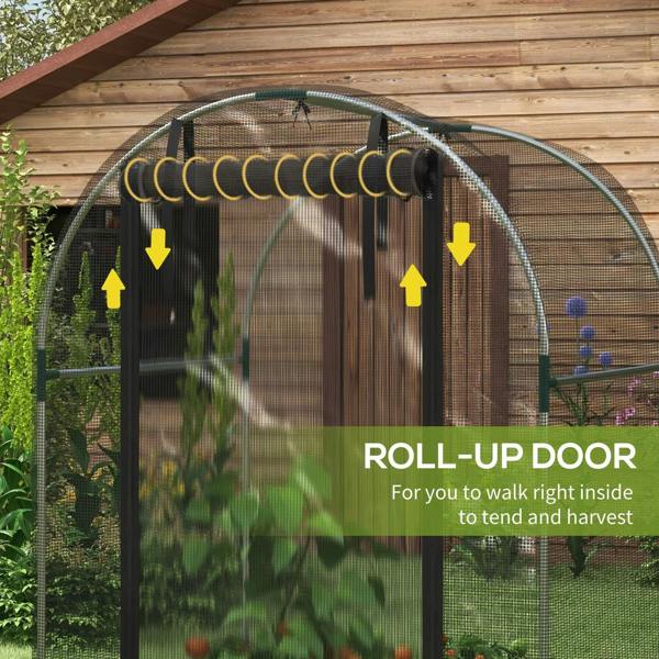 Arched plant protection tent with clear roll-up door and black mesh frame