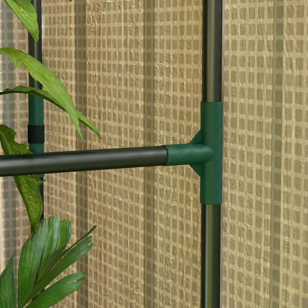 Mini greenhouse side frame joint with green connector, white mesh cover