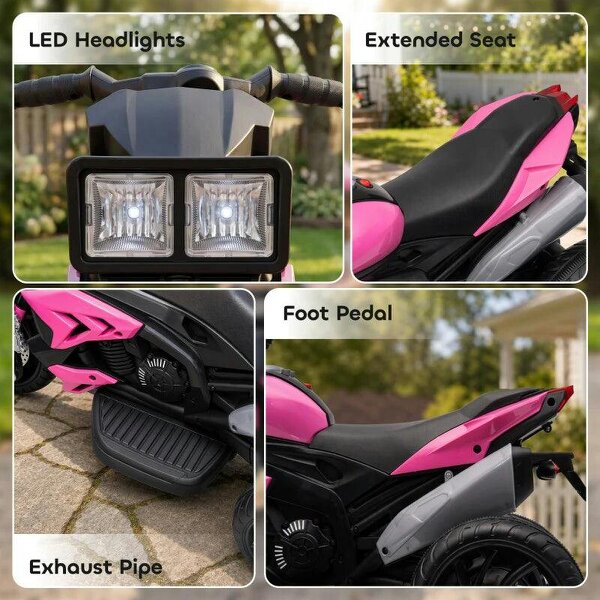 Kids Electric Motorcycle Ride-On Toy, 3-Wheel Battery-Operated Motorbike with Horn, Toddler Ride On Bike, Pink