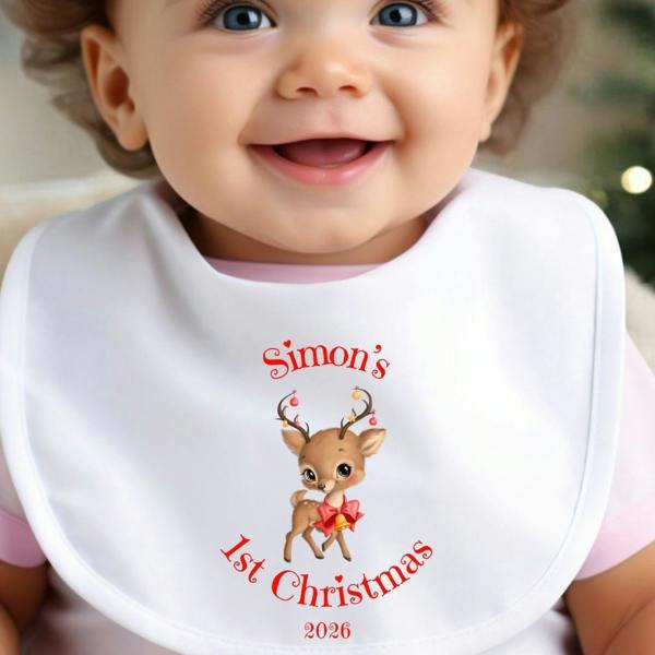Personalised 1st Christmas Reindeer Baby Vest, Babygrow or Bib, Newborn Xmas Gift