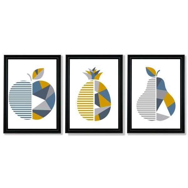 Artze Wall Art Set of 3 Blue & Yellow Geometric Fruit Framed Prints