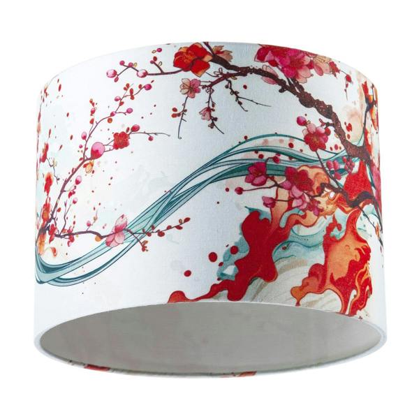 Red Cherry Blossom Watercolour Japanese Themed Fabric Drum Lamp Shade Image 5