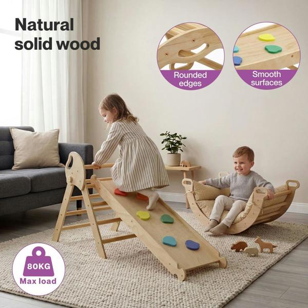 DEKKO 8 in 1 Triangle Climbing Set Kids Wooden Climber with Arch Slide Cushion