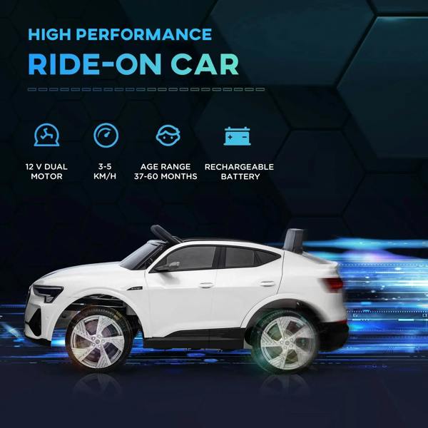 White kids electric ride-on car, side view with glowing LED headlight strip