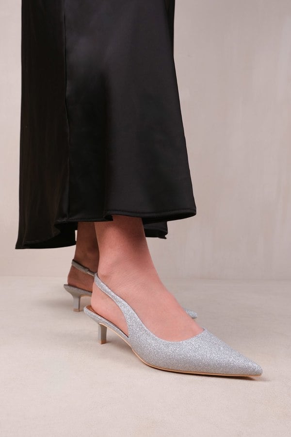 Where's That From New Form Low Kitten Heels With Pointed Toe & Elastic Slingback in Silver Fine Glitter