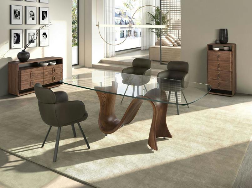 Angel Cerdá Barrel-shaped oval dining table in tempered glass and walnut 1197