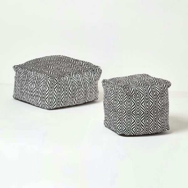 HOMESCAPES Trance Black and White Diamond Pattern Recycled Fibre Square Bean Filled Pouffe