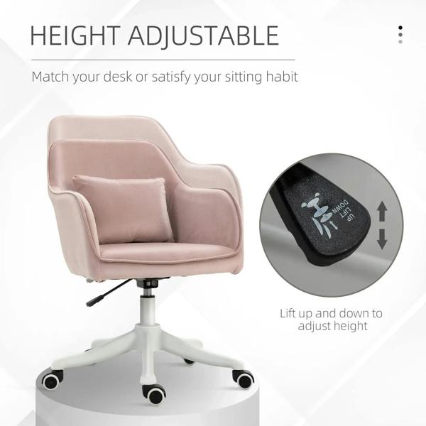Pink velvet office chair with height-adjust lever and rolling caster base