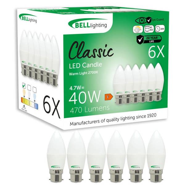 BELL Lighting Dimmable B22 LED Candle Bulbs 4.7W 470lm , Warm White 2700K , Energy Saving40W Equivalent, Bayonet Cap Bulbs